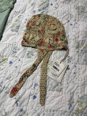 Magnolia Pearl Cream Crochet Beanie with Pink & Green Floral Accents